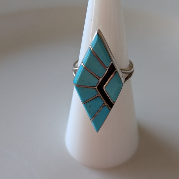 Vintage Zuni Turquoise Inlay Louis Montoya Ring Size 6 1/4 - Picture 2 of 7